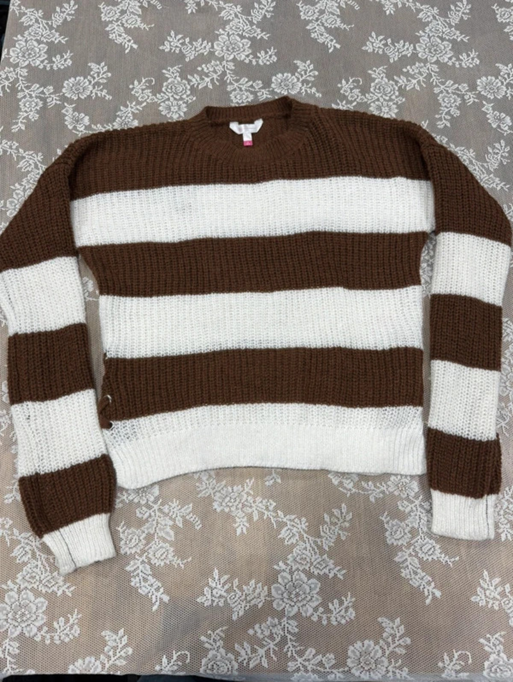 brown and white stripped sweater